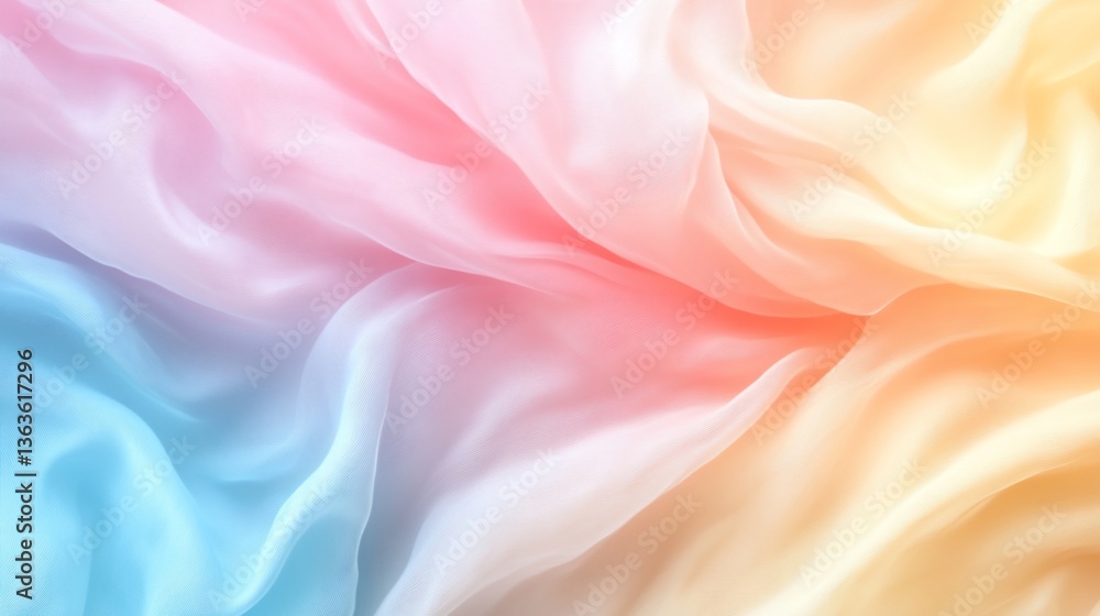 Fototapeta premium Delicate, flowing fabric in pastel colors; blue, pink, and orange blend softly