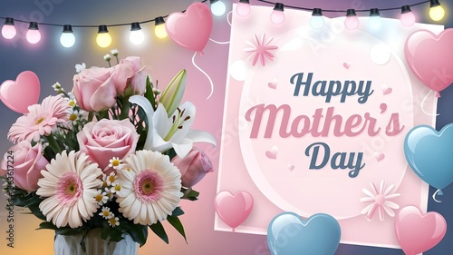 Floral bouquet and happy mother's day sign with lights