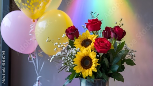 Balloons and floral arrangement with roses and sunflowers