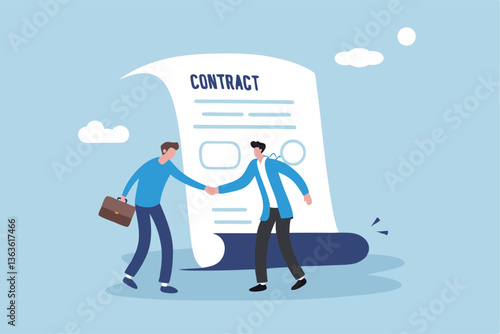Employment contract agreement, corporate partnership document with signature, new employee signing contract, legal paperwork, recruitment document concept, businessman handshake with contract paper.