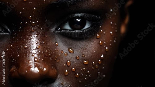 Close-Up of a Glowing Eye with Water Drops on Black Skin, Evoking Intensity