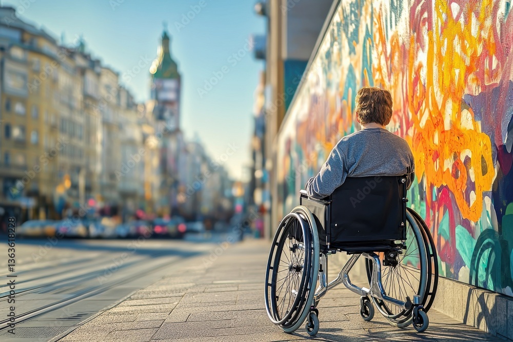 Obraz premium An individual in a wheelchair on a city street, observing the vibrant graffiti art, highlighting urban accessibility and the beauty of inclusive cityscapes.