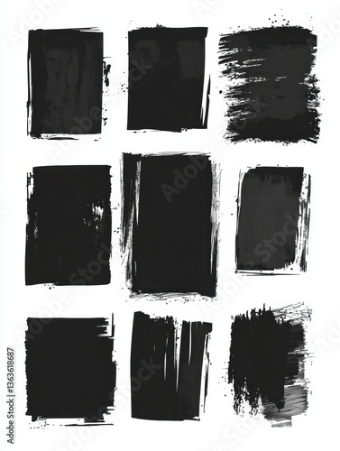 Black vector rough edge rectangles create a collection of grunge square frames ideal for hand-drawn collage and distressed text box designs