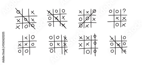 Hand drawn tic tac toe game, doodle X-O children game. Noughts and win. Play tictactoe draw.