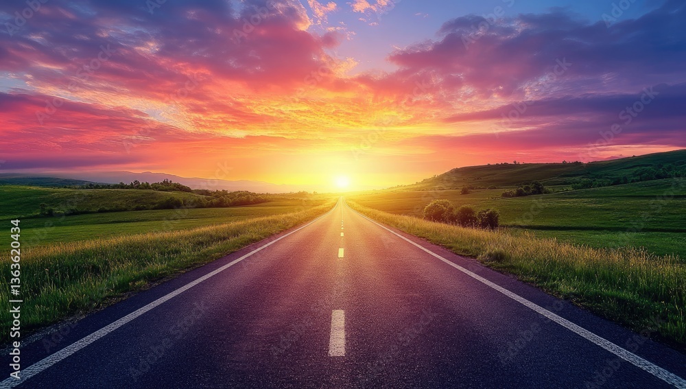 Naklejka premium Empty asphalt road extending into a vibrant sunset over rolling hills