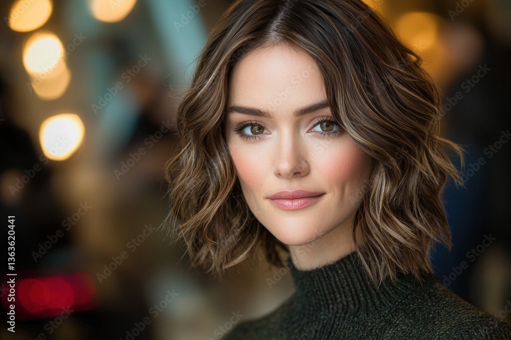 A portrait of a beautiful woman with highlighted brunette hair, posing indoors with a soft smile in a green turtleneck sweater, a close-up shot showing her flawless skin A portrait of a beautiful woman with highlighted brunette hair, posing indoors with a soft smile in a green turtleneck sweater, a close-up shot showing her flawless skin