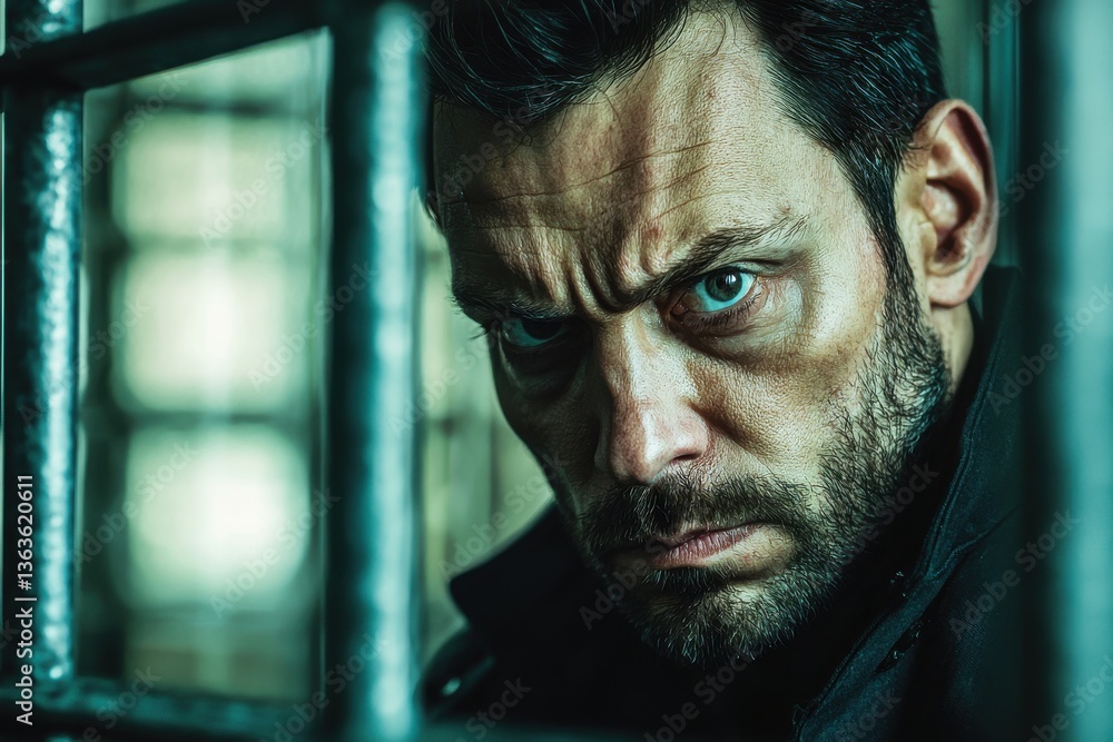 An intense portrait of a determined man glaring through prison bars with piercing eyes, showcasing strength, resilience, and a hint of defiance in the shadows. An intense portrait of a determined man glaring through prison bars with piercing eyes, showcasing strength, resilience, and a hint of defiance in the shadows.