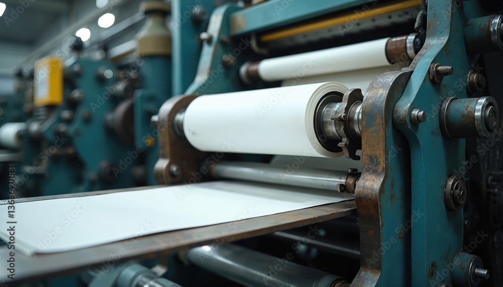 Printing press machine in print production factory. Papers roll through conveyor belt. Equipment in operation, workflow in printing house. Manufacturing technology, automation for fast, efficient Printing press machine in print production factory. Papers roll through conveyor belt. Equipment in operation, workflow in printing house. Manufacturing technology, automation for fast, efficient
