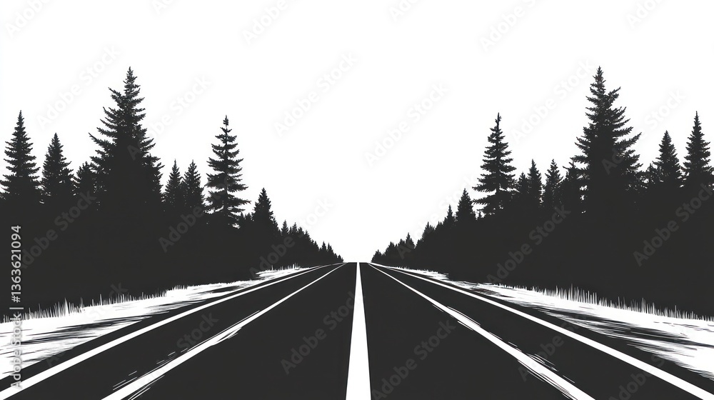 Naklejka premium Road through snowy forest, winter landscape, travel, journey