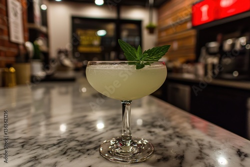 Wallpaper Mural A refreshing light green cocktail with mint garnish sits on a marble bar top, showcasing a modern drink in an upscale bar setting with soft lighting. Torontodigital.ca