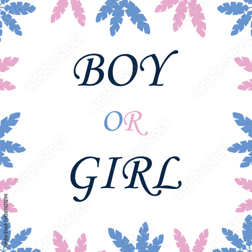 BOY or GIRL vector minimalistic blue-pink card. Vector poster for gender party, gender reveal card. Cute baby gender card for baby gender party reveal. 