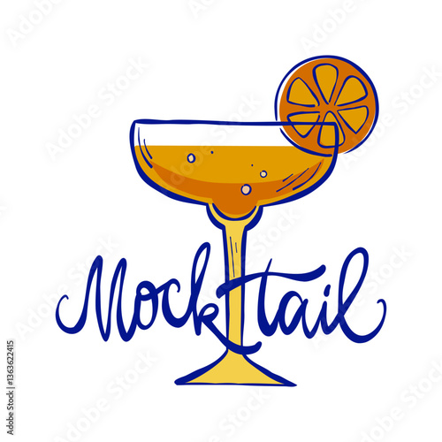 Hand-drawn vector art of mocktail with slice of orange in champagne glass. Sketch of alcohol-free drink with hand lettering for logo, menu, advert, or recipe. Isolated illustration.