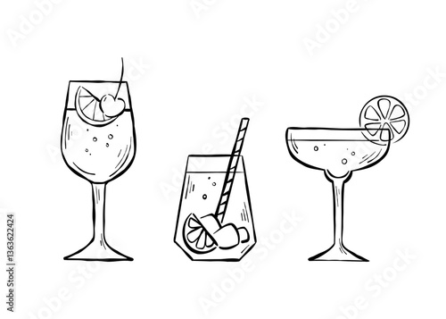 Hand-drawn line illustration of three cocktails on isolated background. Vector sketch drawing of drinks in glasses of different shape for logo, menu, advertising, or print. 