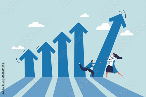 Teamwork to help business growth, team success or increase performance, improvement or growing business, career growth or effort to succeed concept, business people team help build growth graph chart.