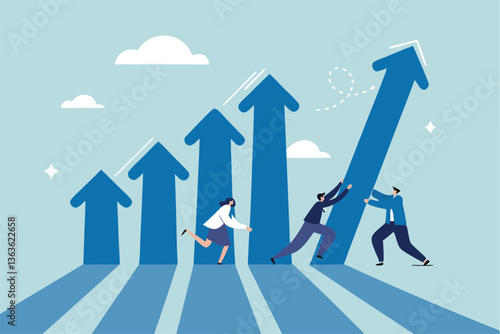 Teamwork to help business growth, team success or increase performance, improvement or growing business, career growth or effort to succeed concept, business people team help build growth graph chart.