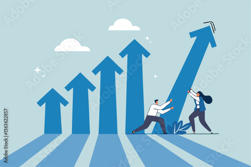 Teamwork to help business growth, team success or increase performance, improvement or growing business, career growth or effort to succeed concept, business people team help build growth graph chart.