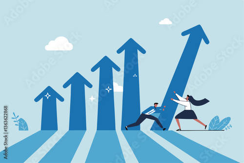 Teamwork to help business growth, team success or increase performance, improvement or growing business, career growth or effort to succeed concept, business people team help build growth graph chart.
