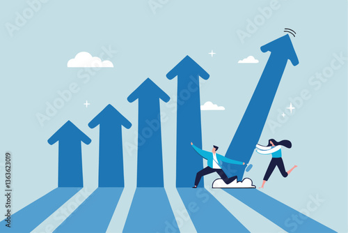 Teamwork to help business growth, team success or increase performance, improvement or growing business, career growth or effort to succeed concept, business people team help build growth graph chart.
