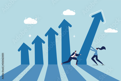Teamwork to help business growth, team success or increase performance, improvement or growing business, career growth or effort to succeed concept, business people team help build growth graph chart.
