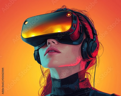Young woman wearing futuristic VR headset immersed in digital experience