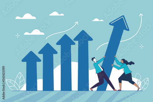 Teamwork to help business growth, team success or increase performance, improvement or growing business, career growth or effort to succeed concept, business people team help build growth graph chart.