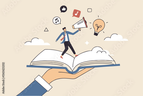 Storytelling communicate brand story or idea to listener, narrative message, content or article writing or advertising creativity concept, young man on opening book telling story on megaphone.
