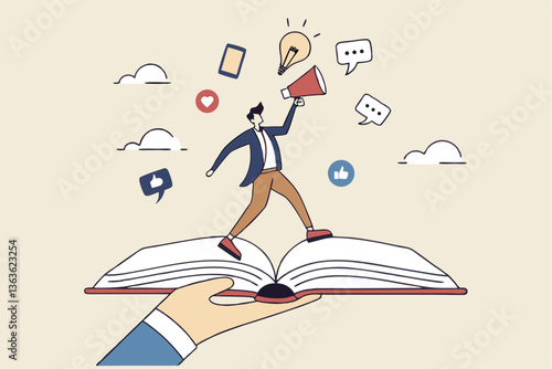 Storytelling communicate brand story or idea to listener, narrative message, content or article writing or advertising creativity concept, young man on opening book telling story on megaphone.