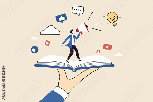 Storytelling communicate brand story or idea to listener, narrative message, content or article writing or advertising creativity concept, young man on opening book telling story on megaphone.
