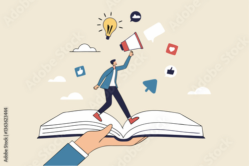 Storytelling communicate brand story or idea to listener, narrative message, content or article writing or advertising creativity concept, young man on opening book telling story on megaphone.