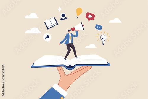 Storytelling communicate brand story or idea to listener, narrative message, content or article writing or advertising creativity concept, young man on opening book telling story on megaphone.