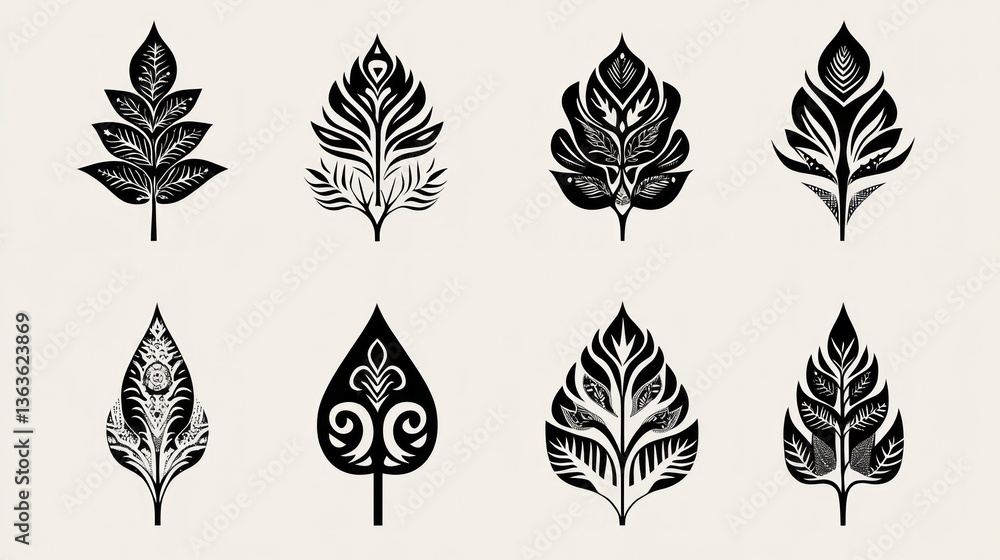 Fototapeta premium Eight ornate black leaf designs, isolated on white background; for textile, print, or web design