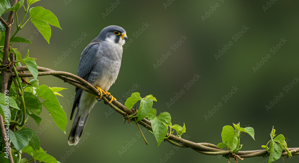 Obraz premium Peregrine falcon resting on a tropical vine with lush green foliage backdrop