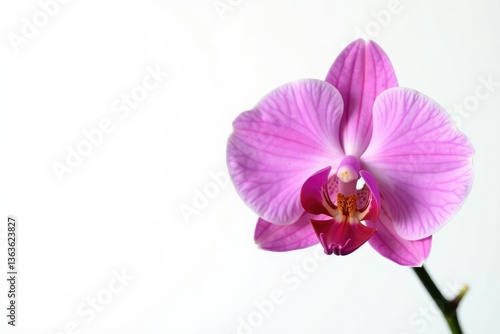 Single orchid on white background with delicate petals, nature, detail