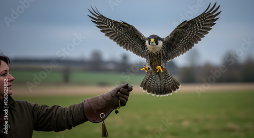 Peregrine Falcon Returns to Falconer During Training Session in Open Landscape