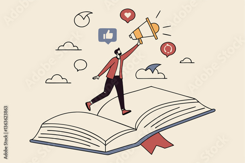 Storytelling communicate brand story or idea to listener, narrative message, content or article writing or advertising creativity concept, young man on opening book telling story on megaphone.