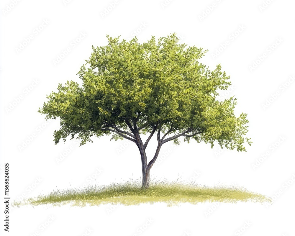 Solitary Tree with Green Leaves Standing Alone on a Grassy Hill Solitary Tree with Green Leaves Standing Alone on a Grassy Hill
