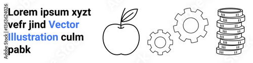 Apple with a leaf, interlocked gears, and coin stacks portray agriculture, teamwork, and economic stability. Ideal for education, business, health, finance tech sustainability simple landing page