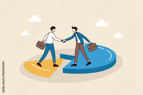 Shareholder or stakeholders, sharing benefits or merger and acquisition, partnership or collaboration, market share or agreement concept, businessmen handshaking on pie chart to share profit together.