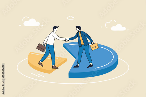 Shareholder or stakeholders, sharing benefits or merger and acquisition, partnership or collaboration, market share or agreement concept, businessmen handshaking on pie chart to share profit together.