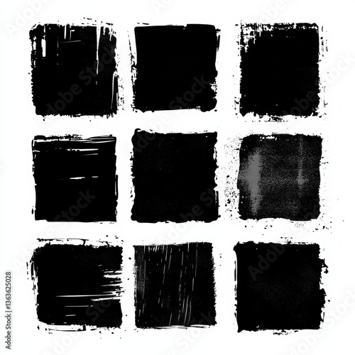 Collection of black rough edge rectangles featuring grunge square frames with jagged edges for artistic and design projects