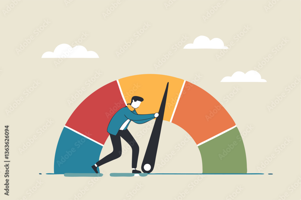 Push skill level, credit score or increase performance, improvement or effort to be better, excellent customer feedback review, gauge scale rating concept, businessman pushing skill performance gauge. Push skill level, credit score or increase performance, improvement or effort to be better, excellent customer feedback review, gauge scale rating concept, businessman pushing skill performance gauge.