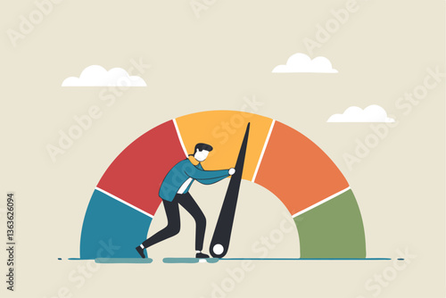 Push skill level, credit score or increase performance, improvement or effort to be better, excellent customer feedback review, gauge scale rating concept, businessman pushing skill performance gauge.