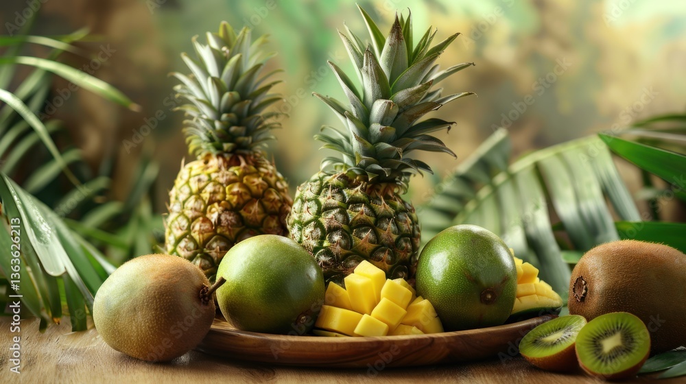 A vibrant tropical fruit display featuring spiky fruits green round fruits and juicy yellow c A vibrant tropical fruit display featuring spiky fruits green round fruits and juicy yellow c