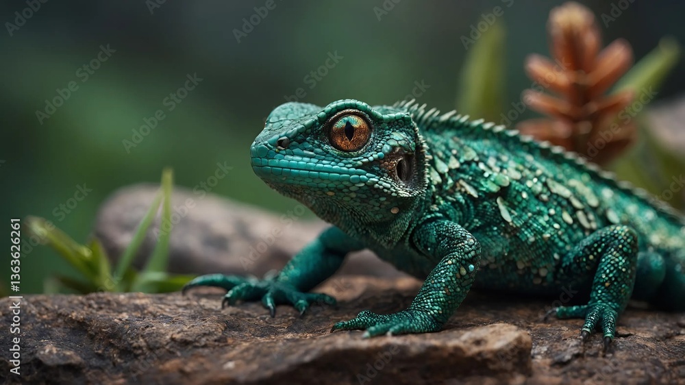 Green lizard resting on rock in lush forest background Green lizard resting on rock in lush forest background