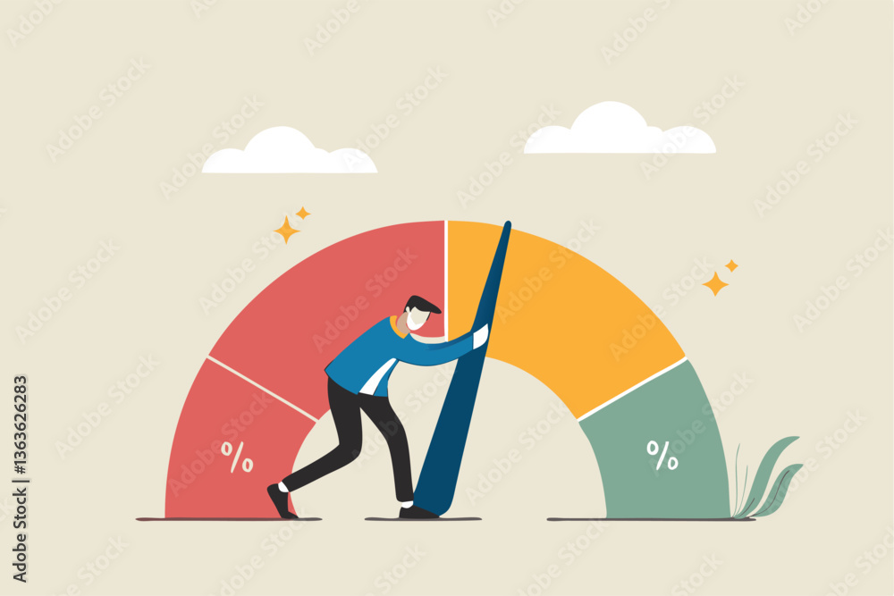 Push skill level, credit score or increase performance, improvement or effort to be better, excellent customer feedback review, gauge scale rating concept, businessman pushing skill performance gauge. Push skill level, credit score or increase performance, improvement or effort to be better, excellent customer feedback review, gauge scale rating concept, businessman pushing skill performance gauge.