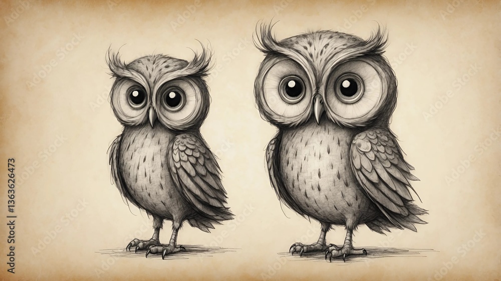 Obraz premium Adorable owl illustrations standing together on a textured background 