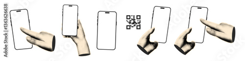 Trendy halftone collage elements set. Hands holding phones. Hands using smartphones mock up templates with transparent blank screen. Paper clipping shapes, cut out modern retro vector illustration