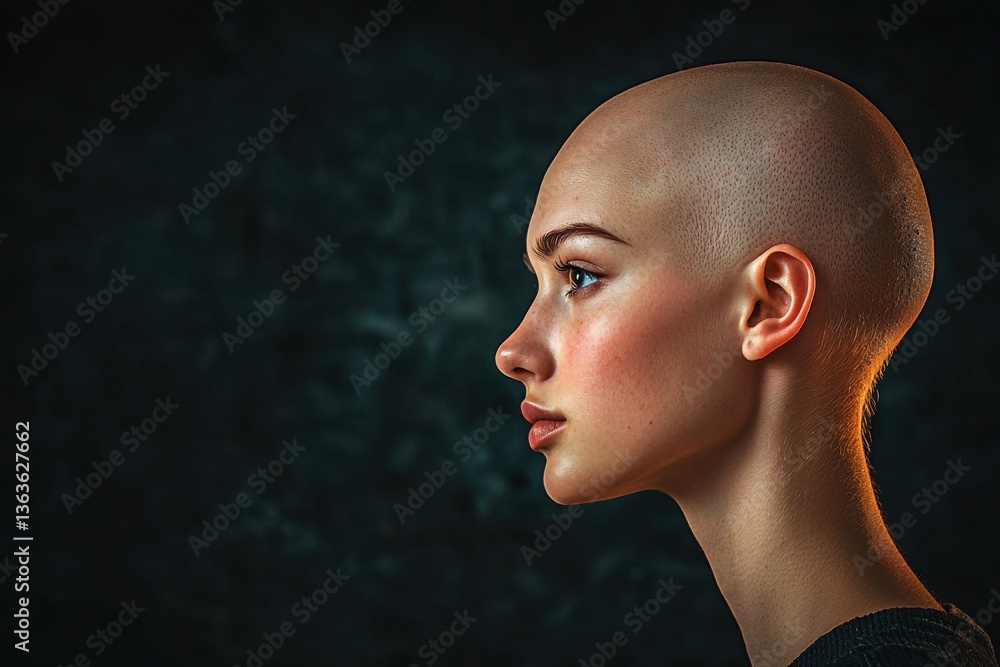 A striking profile portrait of a woman with a shaved head against a dark backdrop, highlighting the beauty of her features and the simplicity of her look, exuding confidence. A striking profile portrait of a woman with a shaved head against a dark backdrop, highlighting the beauty of her features and the simplicity of her look, exuding confidence.