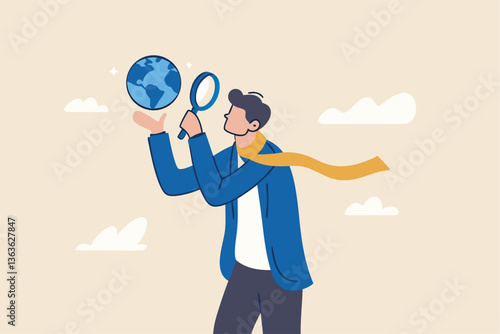 Global world economic analysis, international work opportunity, oversea research or investment country risk, region or foreign career searching concept, businessman analyze global world business.