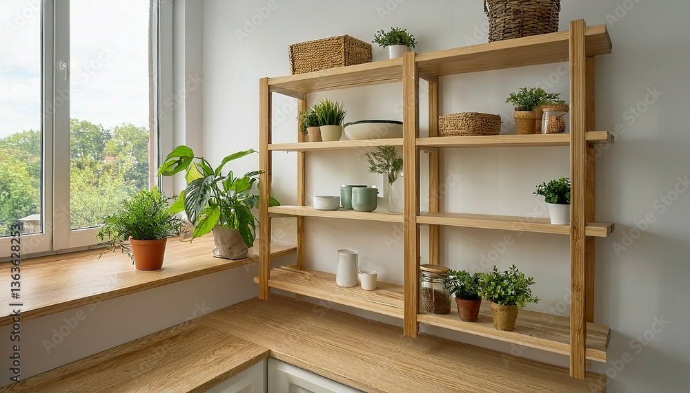 modern living room with plants in the shalves modern living room with plants in the shalves